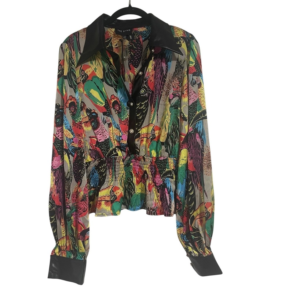 THE SANG Women Multi Tropical Bird Print Smocked Peplum Top Leather Trim Large‎